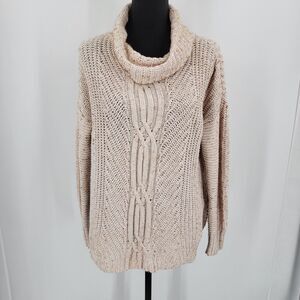 Lands End Womens XS Cowl Neck Beige Tan Cable Knit Sweater